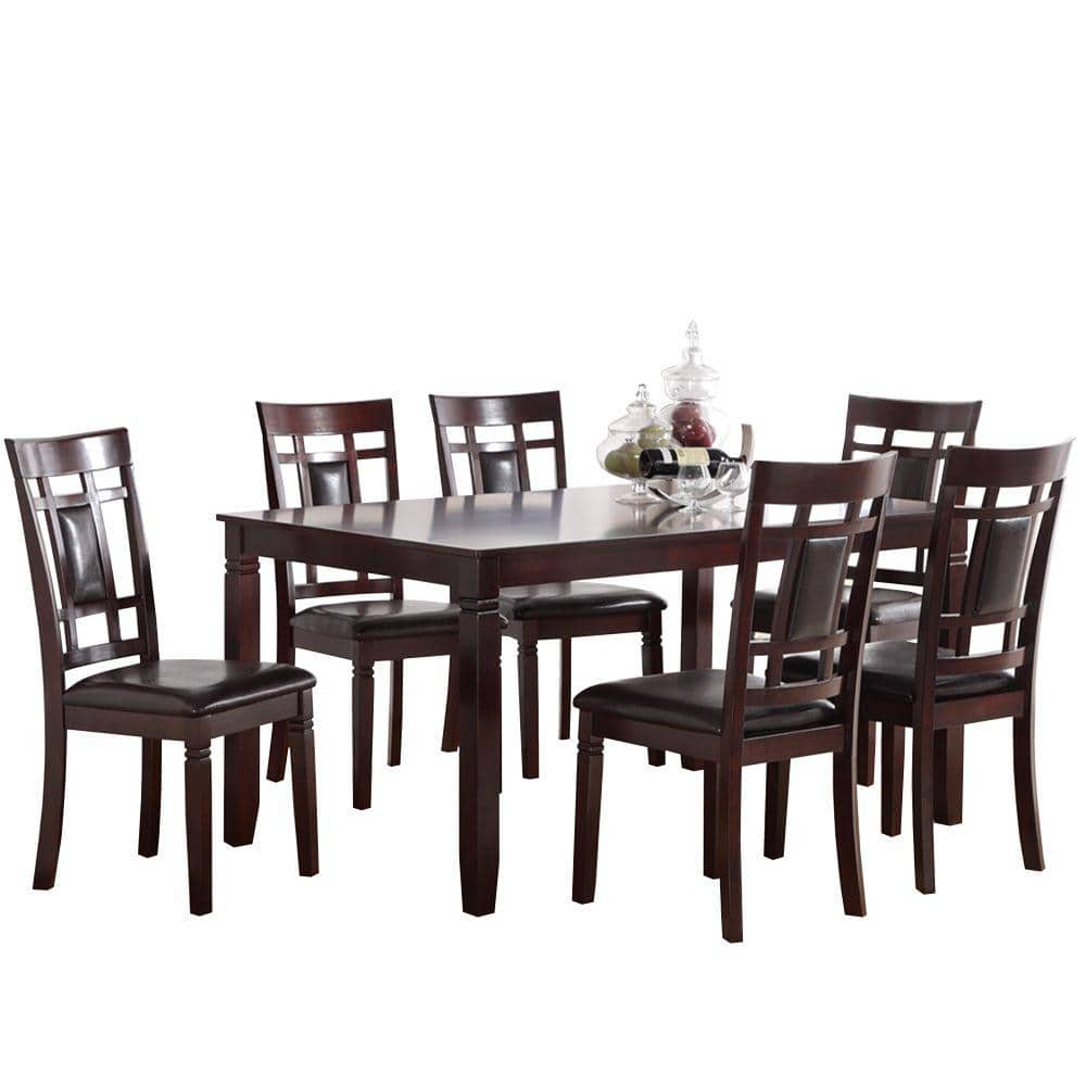 Espresso Brown 7-Piece Rubber Wood Dining Set with Faux Leather Chairs