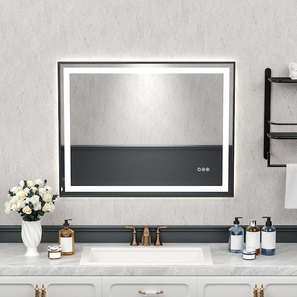 WOODSAM 40" W x 32" H Rectangular Framed LED Light Anti-Fog Wall Bathroom Vanity Mirror Front-Lit and Backlit