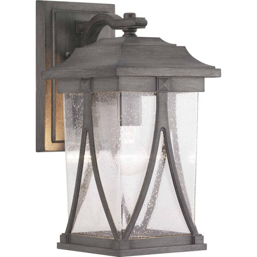 Progress Lighting Abbott Collection 1-Light Antique Pewter Clear Seeded Glass Craftsman Outdoor Medium Wall Lantern Light