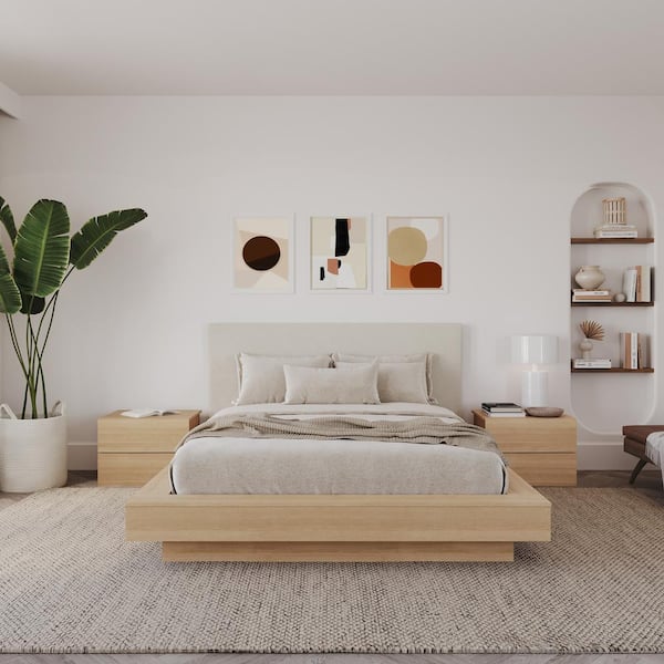 Marko 4-Piece Natural Blonde Oak Queen Size Bedroom Set with Upholstered Headboard