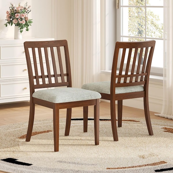 Caldora Modern Brown Solid Wood Dining Side Chairs with Gray Fabric Cushion, Slat Backrest, Set of 2