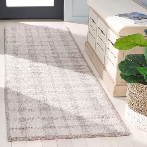 Abstract 2 ft. x 8 ft. Ivory/Silver Border Plaid Runner Rug