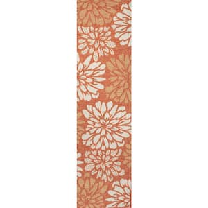 Zinnia Modern Floral Textured Weave Orange/Cream 2 ft. x 10 ft. Indoor/Outdoor Area Rug