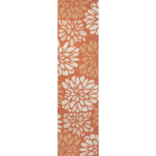 Zinnia Modern Floral Textured Weave Orange/Cream 2 ft. x 10 ft. Indoor/Outdoor Area Rug