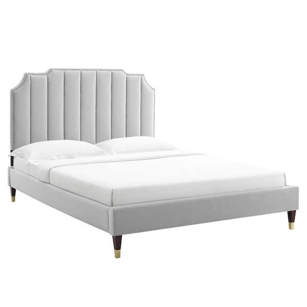 MODWAY Colette in Gray Light Gray Performance Velvet Frame Queen Platform Bed
