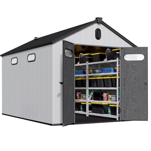 Outdoor 8 ft. W x 12 ft. D Storage Plastic Resin Shed with Black Pitched Apex Roof, Vent,Door,Floor (96 sq. ft.),Grey