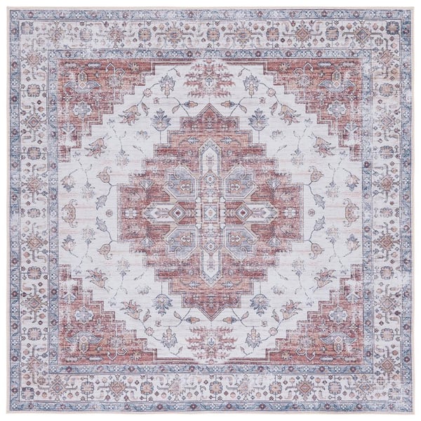SAFAVIEH Tuscon Ivory/Rust 6 ft. x 6 ft. Machine Washable Distressed Medallion Square Area Rug
