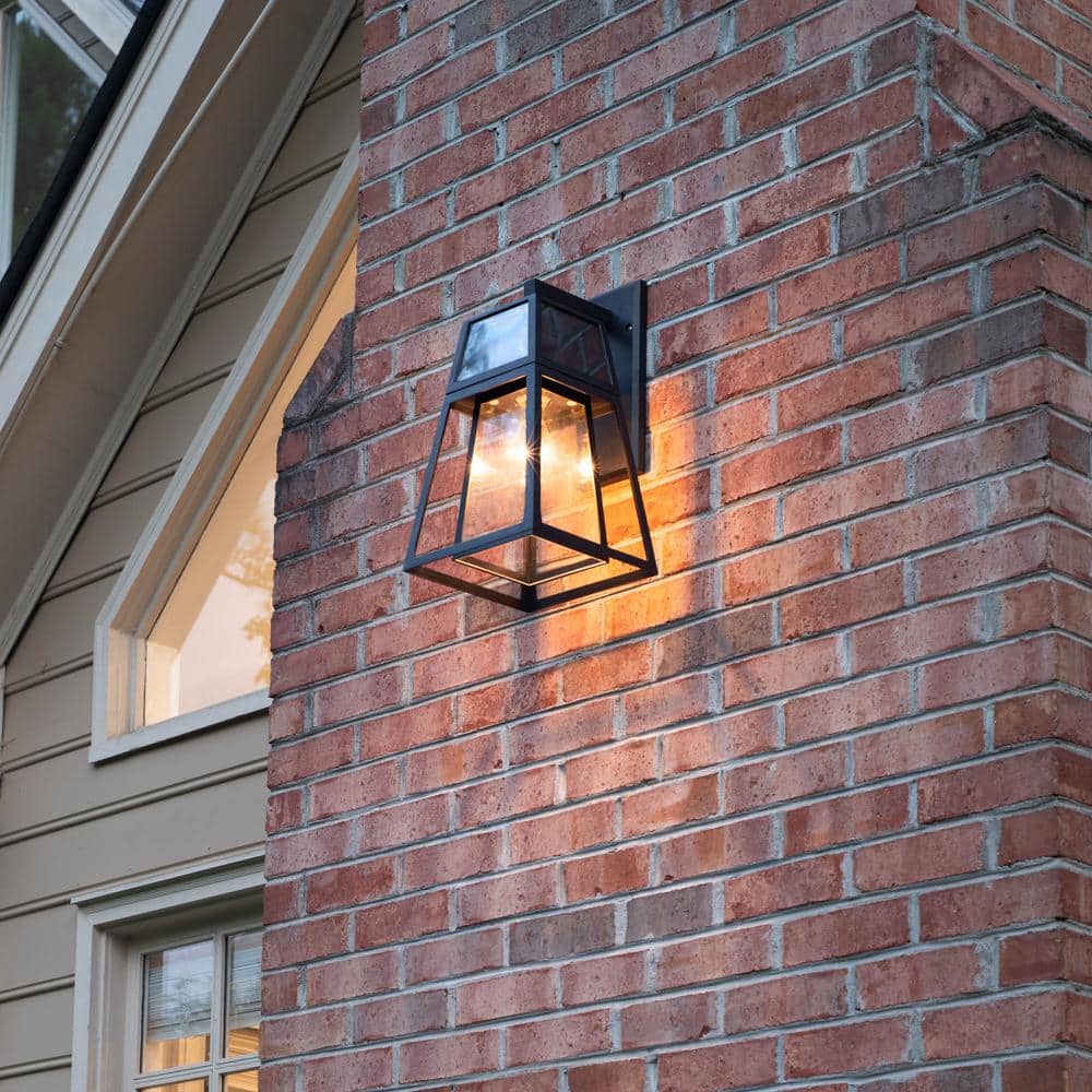 Black Solar Powered Outdoor Lantern with Glass Panels