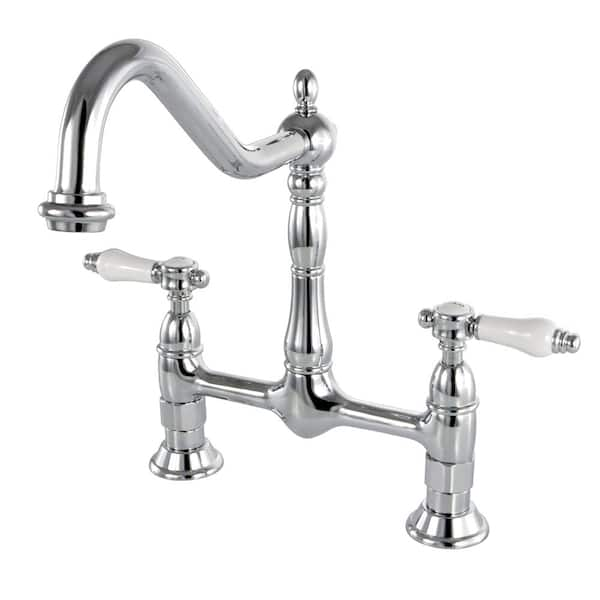 Kingston Brass Victorian Porcelain 2-Handle Bridge Kitchen Faucet with Lever Handle in Chrome