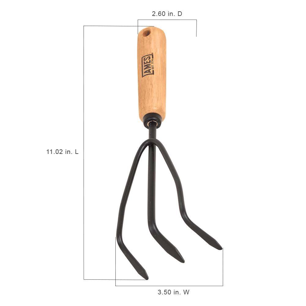 Short Wood Handle 3-Tine Steel Hand Cultivator
