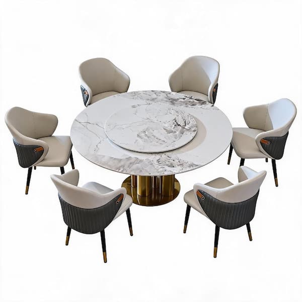 7 Piece Round Gold White Sintered Stone Top Dining Table Set with Lazy Susan Seats 6 durable construction