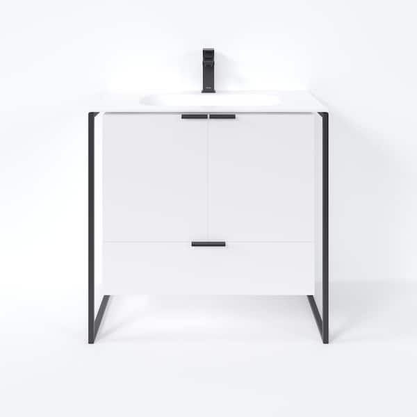 Onyx 34 in. Single Sink Floating White Bath Vanity with White Solid Surface Top (Assembled)