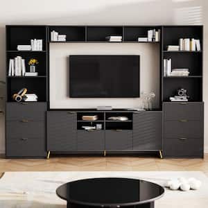 Modern Black 4-Piece Entertainment Center Fits TVs up to 70 in. with 13 shelves, 8 Drawers and 2 Cabinets