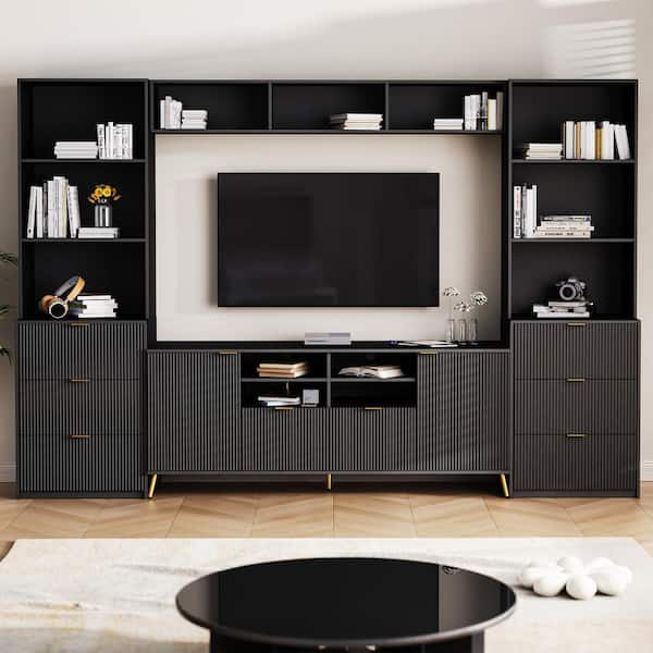 Harper & Bright Designs Modern Black 4-Piece Entertainment Center Fits TVs up to 70 in. with 13 shelves, 8 Drawers and 2 Cabinets