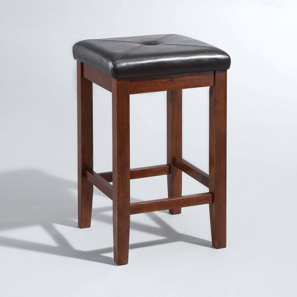 Vintage Mahogany 24" Backless Wood and Leather Counter Stools