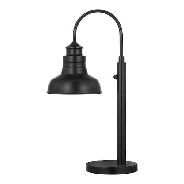 Elmcroft 23.75 in. Matte Black Farmhouse 1-Light Plug-In Table Lamp for Outdoors with Metal Bell-Shaped Shade