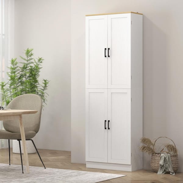 67 in. Wood Pantry Organizer with Adjustable Shelves, 4-Door in Distressed White