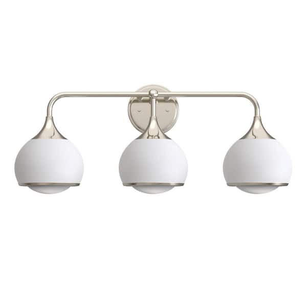 27 in. Modern 3-Light Brushed Nickel Vanity Light with Soft White Glass for Bathroom