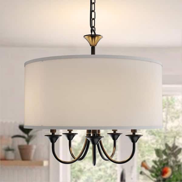 Farmhouse Black 5-Light Drum Chandelier with White Shades for Dining Rooms and Kitchens (Light Bulbs Not Included)