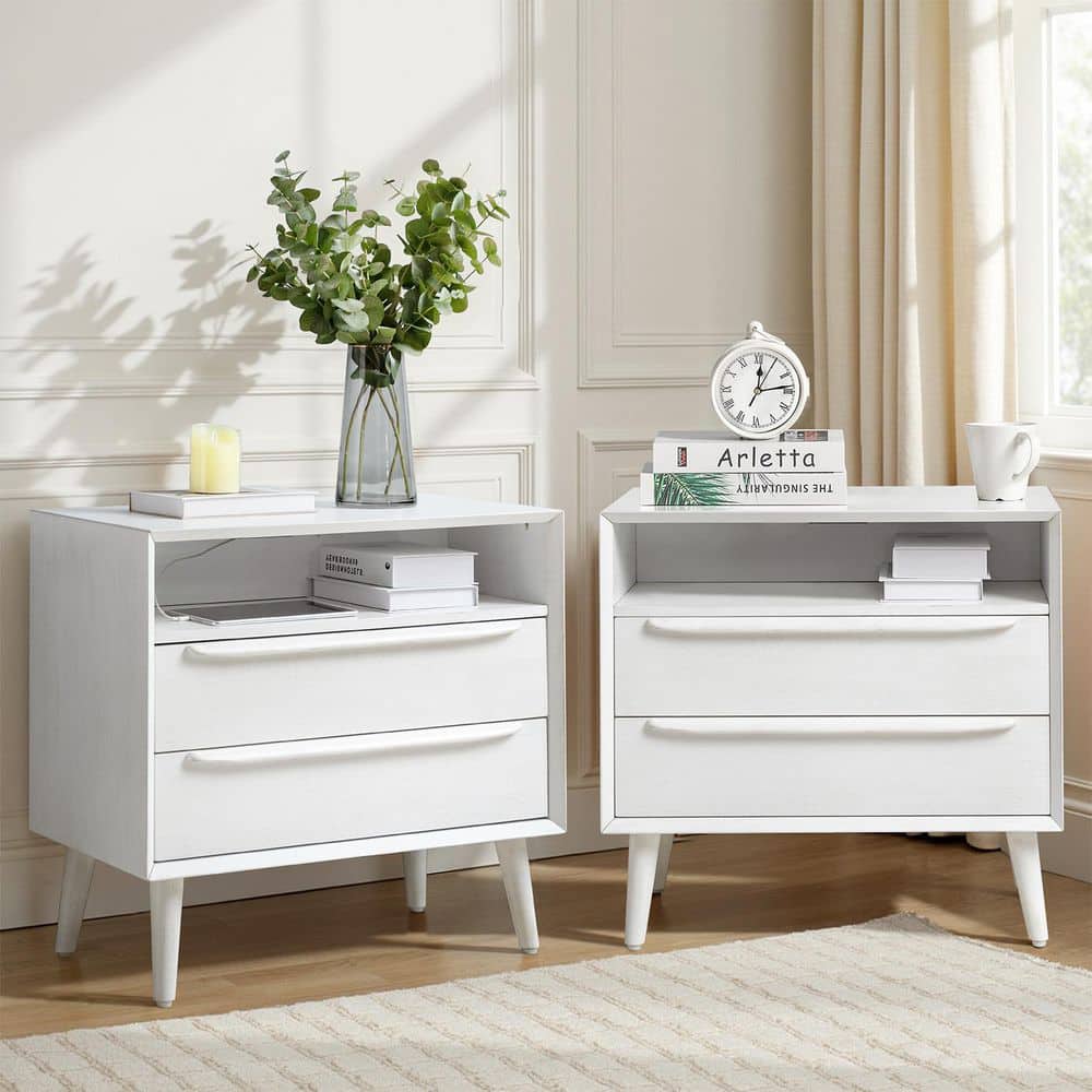 Leslie Mid-Century Modern Walnut 2-Drawer Nightstand with Built-In Outlets (Set of 2)