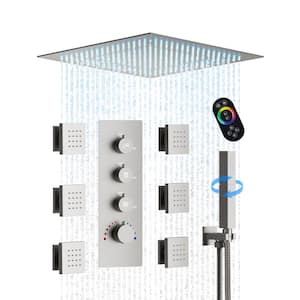 Thermostatic Valve 7-Spray 20 in. LED Ceiling Mount Dual Shower Head and Handheld Shower in Brushed Nickel