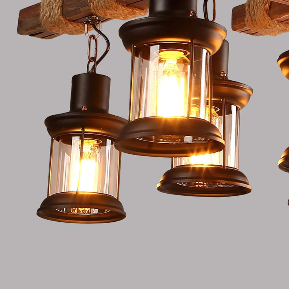 Rustic Brown Metal and Wood 8-Light Lantern Chandelier