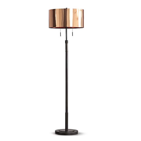 HomeGlam Grande 68 in. Dark Bronze 2-Lights Adjustable Height Standard Floor Lamp with Drum Copper Look Shade