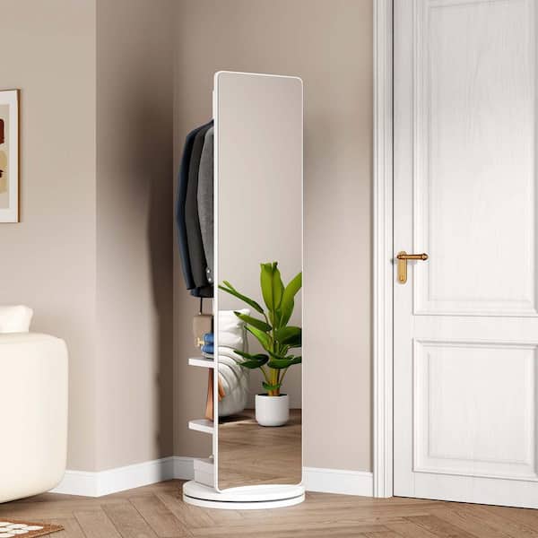 Unbranded White 19.6 in. W x 68.8 in. H Full-Body Dressing Mirror 360 Swivel Decor Mirror with Rear Storage Shelves and Coat Rack