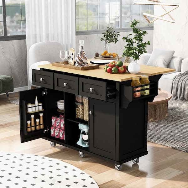Black Rubberwood Drop-Leaf Countertop 53.1 in. Kitchen Island Cart with Cabinet Door Internal Storage Racks and 3-Drawer