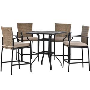 5-Piece Wicker Outdoor Dining Set with 4 Dining Chairs and Brown Cushions
