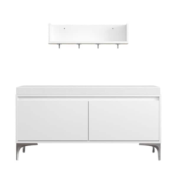 19.49 in. H x 39.37 in. W Off White Entryway Shoe Storage Cabinet Set with Wall-Mounted Coat Rack