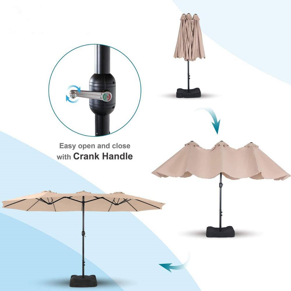 15 ft Beige Double-Sided Outdoor Market Umbrella with Crank and Base
