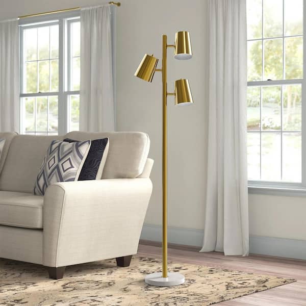 Maxax Caldwell 62 in. Brass 3 Light Metal Living Room Reading Standing up Standard Floor Lamp With Marble Base