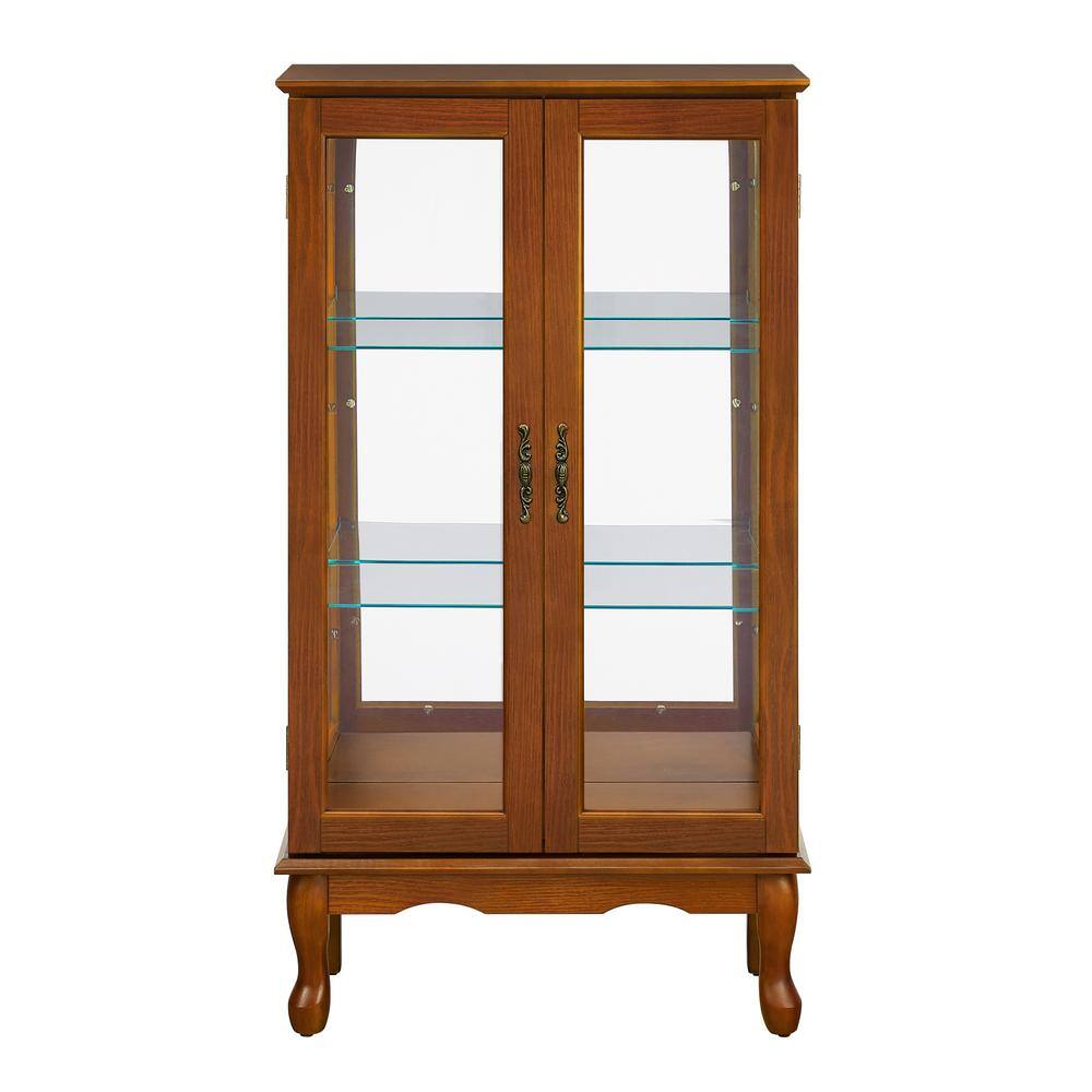 Curio Oak Cabinet Lighted Curio Diapaly Cabinet with Adjustable Shelves and Mirrored Back Panel Tempered Glass Doors, Brown