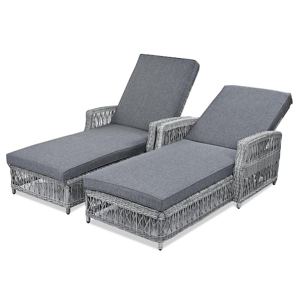 2-Piece Wicker Outdoor Reclining Chaise Lounge with Armrests, Soft Removable Cushions, Rattan Pool Lounge, Gray