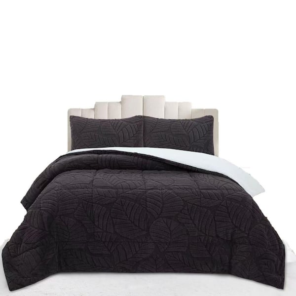 MEL 3-Pieces Dark Grey Leaf Pattern Jacquard King Size Polyester Plush Comforter Set Warm
