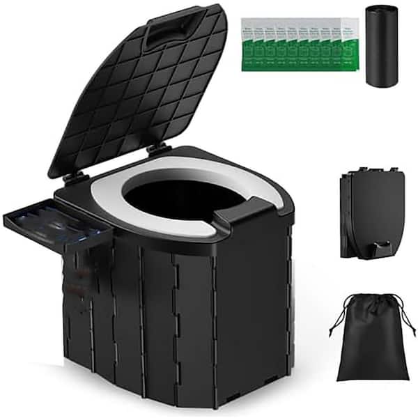 Non-electric 450 lbs. Capacity Waterless Composting Toilet System Foldable with Lid Paper Holder Black Compact Design