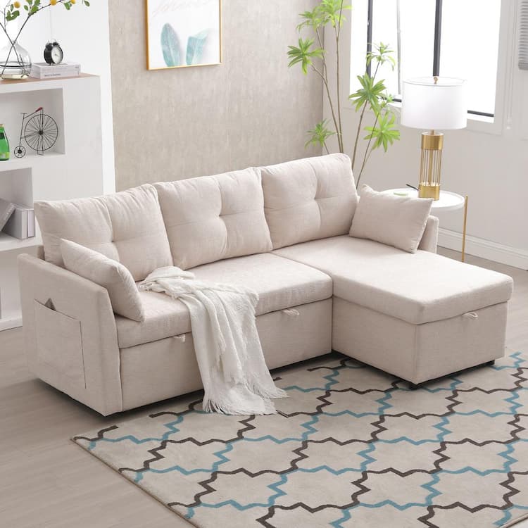 HOMEFUN 81 in. Square Arm 3-Piece Chenille Upholstered L-Shaped Pull Out Sectional Sofa Bed in Beige with Storage Chaise