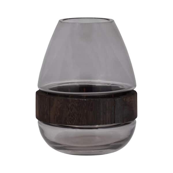 Liv & Skye Clear 10 in. Glass Round Belly Decorative Vase with Wood Band