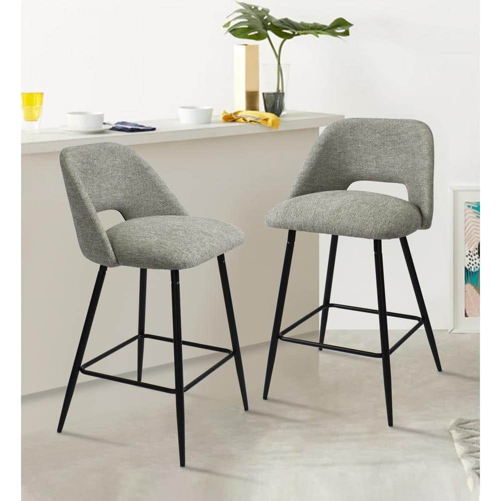Light Gray Upholstered Counter Height Stools with Black Metal Frame, Set of 2