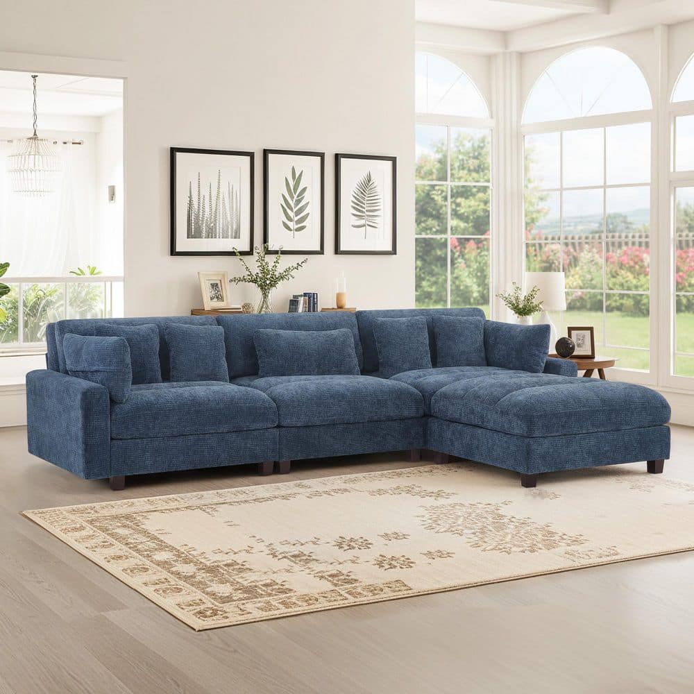 Panner 128 in. Square Arms 4-Piece L-Shape Chenille Sectional Sofa Couch in Navy with Moveable Ottoman