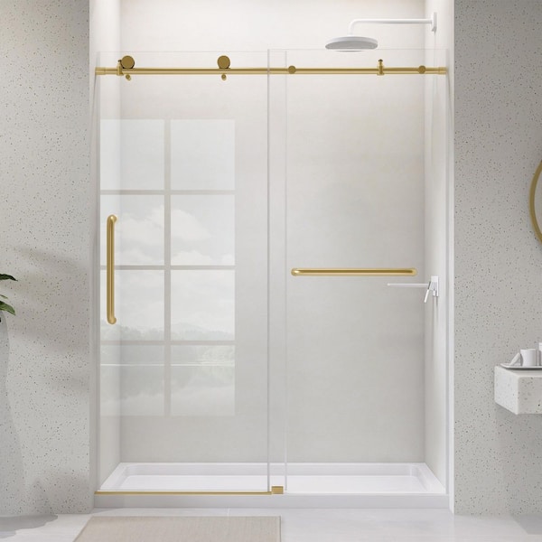 60 in. W x 75 in. H Single Sliding Shower Doors Frameless Bypass Glass Shower Door in Brushed Gold 1/4 in. Clear Glass