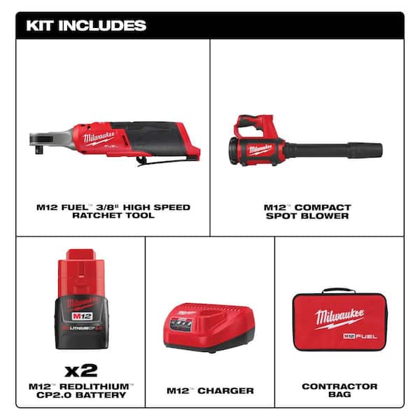 M12 FUEL 12V Lithium-Ion Brushless High Speed 3/8 in. Cordless Ratchet Kit w/(2) Batteries, Charger, Bag & Spot Blower