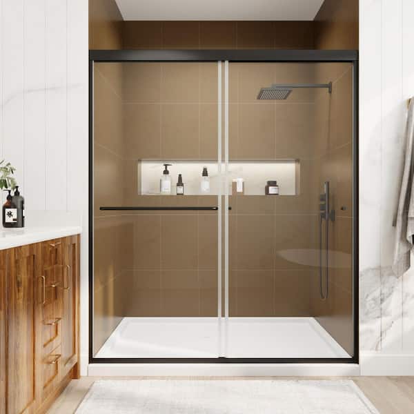 Victoria 60 in. W x 70 in. H Sliding Framed Shower Door in Black Finish with Clear Glass