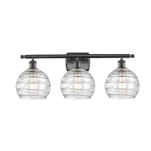 Athens Deco Swirl 26 in. 3-Light Matte Black Vanity Light with Clear Deco Swirl Glass Shade