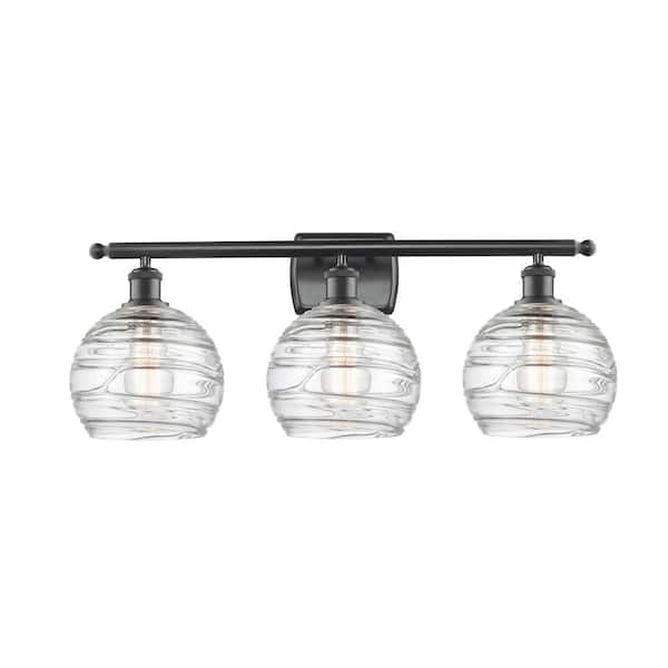 Innovations Athens Deco Swirl 26 in. 3-Light Matte Black Vanity Light with Clear Deco Swirl Glass Shade
