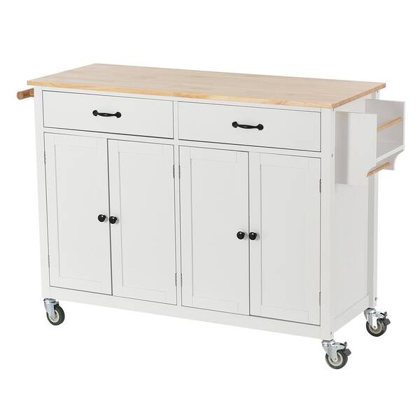 Hooseng Dilana White Kitchen Cart with Butcher Block Top and Locking ...