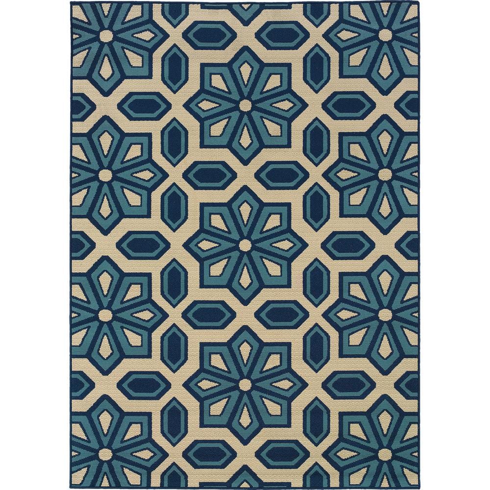 Aruba Ivory/Blue 7 ft. x 10 ft. Medallion Indoor/Outdoor Patio Area Rug