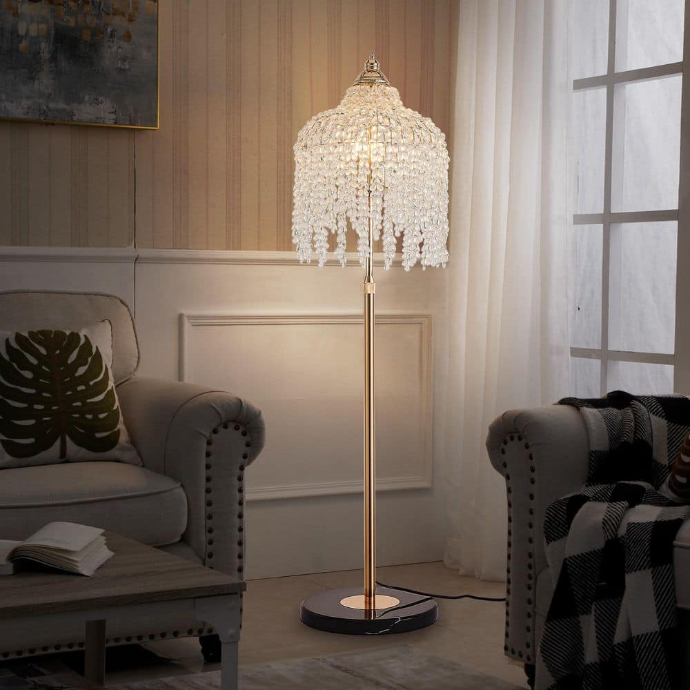 Byteany 63 in. Gold Elegant Crystal 3-Light Standard Floor Lamp