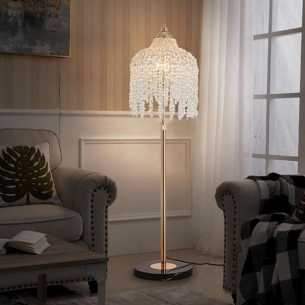 63 in. Gold Elegant Crystal 3-Light Standard Floor Lamp for Living Room with Crystal Shade